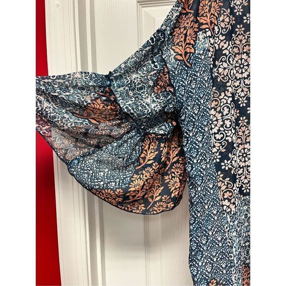 Democracy Blue & Rust Boho Open Front Kimono sz S/M NWT - Picture 2 of 7